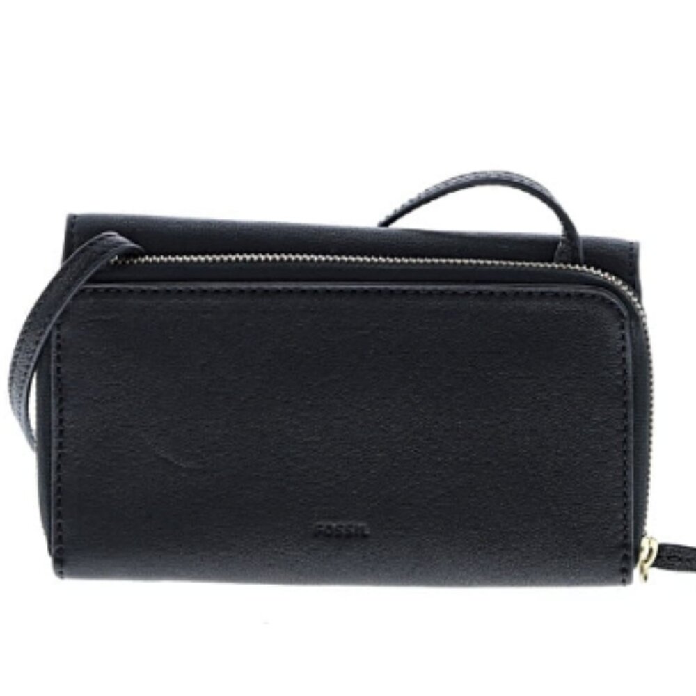 Fossil Logan Zip-Around Crossbody Genuine Leather Clutch Wallet in Black